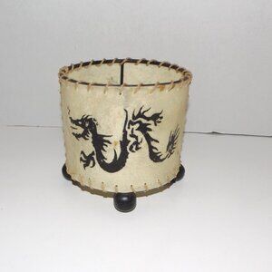 Vintage Asian Oriental Leather & Black Metal Tealight Holder Dragon Design